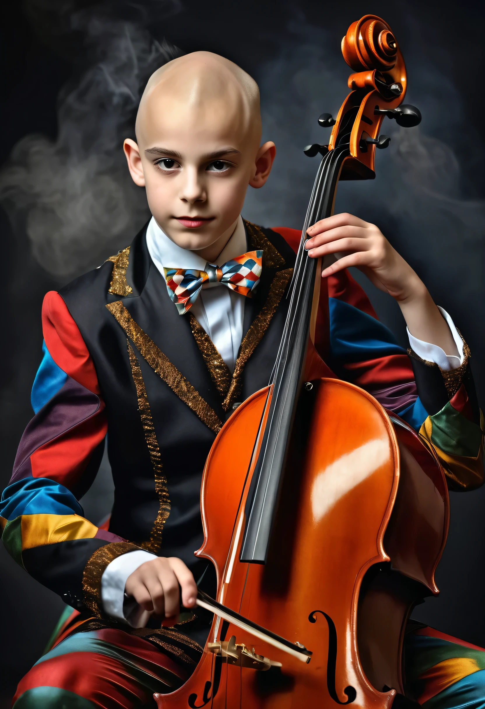 beautiful 14 year old boy in harlequin costume playing cello, competely bald, one stick in hand, smoky background, photorealistic best hdr quality
