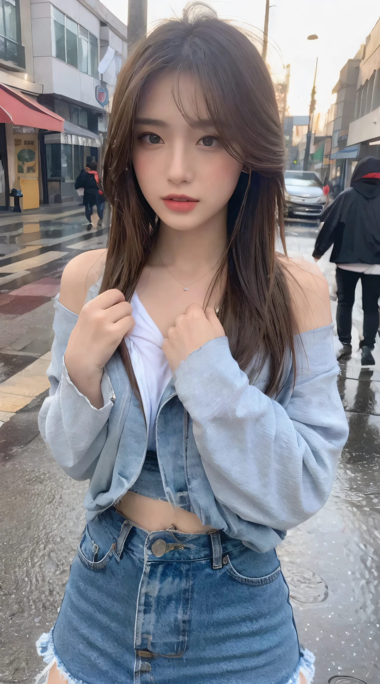 ((best quality, 8K, masterpiece:1.3)), focus: 1.2, Perfect body beauty: 1.4, buttocks: 1.2, ((layered hairstyle, Chest: 1.2)), (wet clothes: 1.1) , (rain, street:1.3), Bandeau dress: 1.1, Highly detailed facial and skin textures, Exquisite eyes, double eyelids, skin whitens, long hair