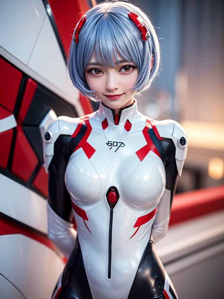 Masterpiece, highest quality, 8K, detailed skin texture, fine cloth texture, beautiful detailed face, intricate details, super detailed, portrait of Rei Ayanami, blue hair, red eyes, looking far away, no background, Evangelion Wearing a plug suit when riding, plug suit, whole body visible, standing, arms crossed, 15 years old, beautiful, cute, great style, smiling