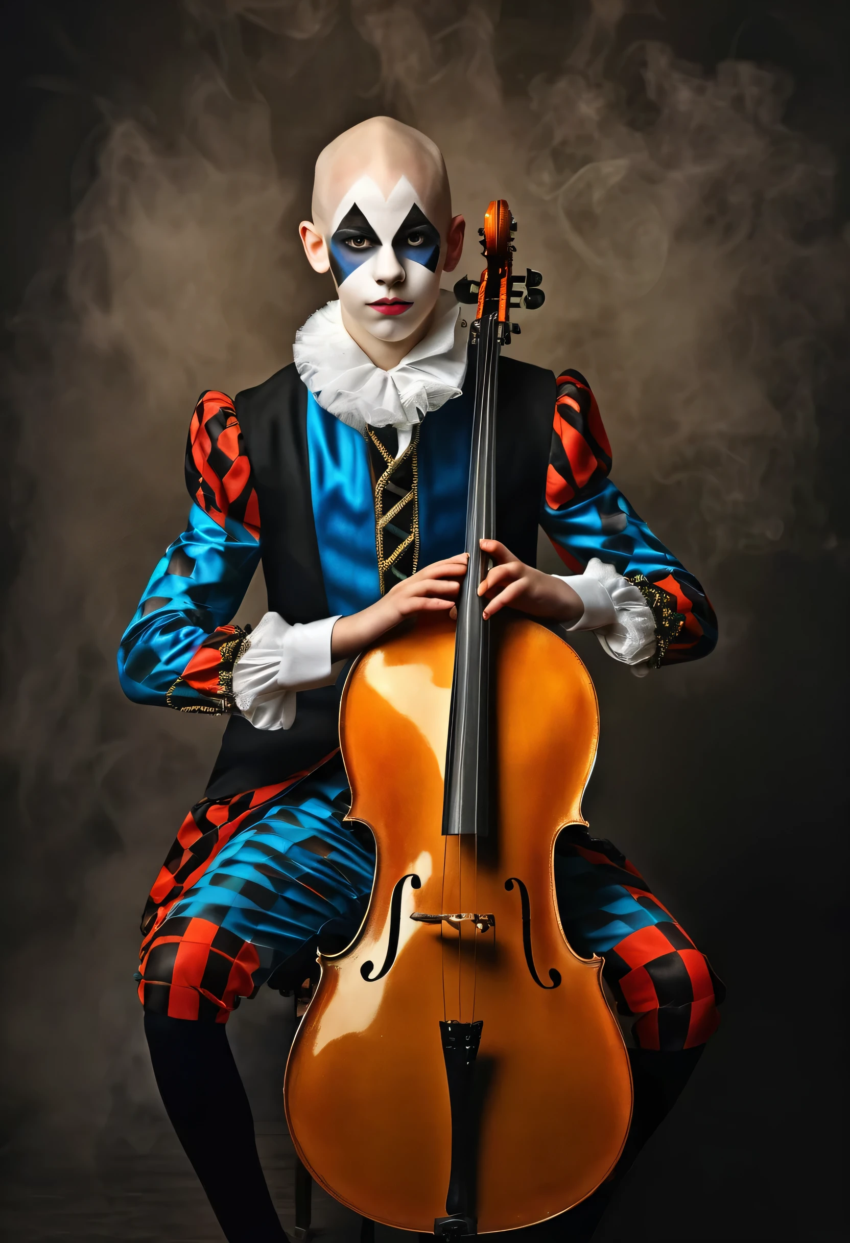 beautiful 14 year old boy in harlequin costume playing cello, competely bald, one stick in hand, smoky background, photorealistic best hdr quality