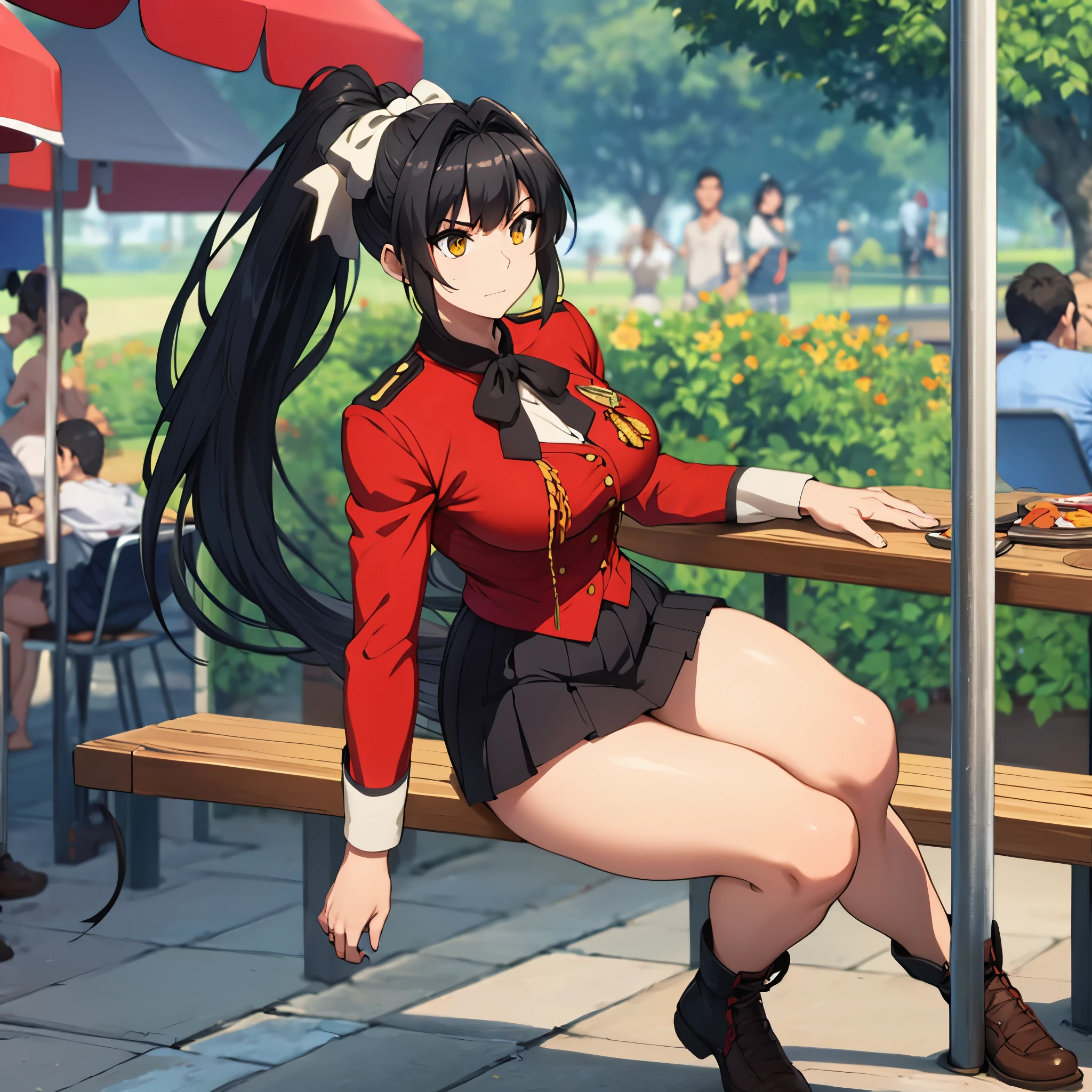 a woman with long black hair, ponytail hair, bow in her hair, red military shirt with medals, yellow eyes, black skirt, serious face, in an amusement park, background with blur effect, full body,HDR, ultra resolution, sharp, masterpiece, 8K HD, (just a woman, solo)