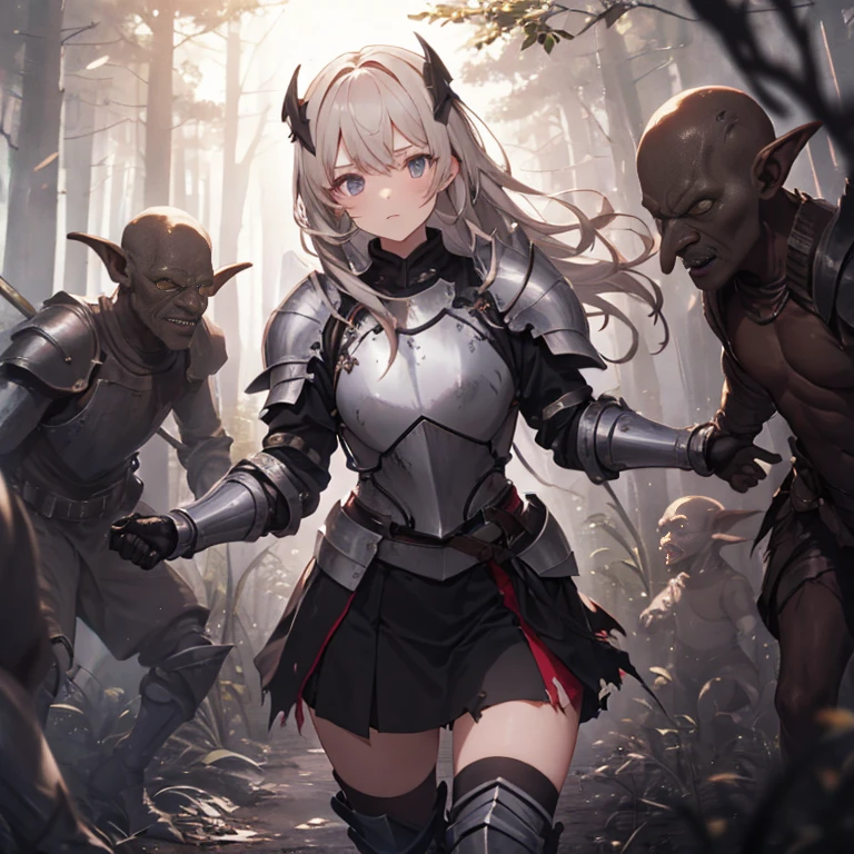 A female knight, (in forest), wearing armored clothes, metal armor, night, details face, , short skirt, surrounded by goblins, various weapons, torn clothes 