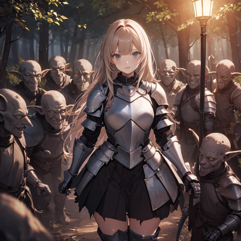 A female knight, (in forest), wearing armored clothes, metal armor, night, details face, , short skirt, surrounded by goblins, various weapons, torn clothes 