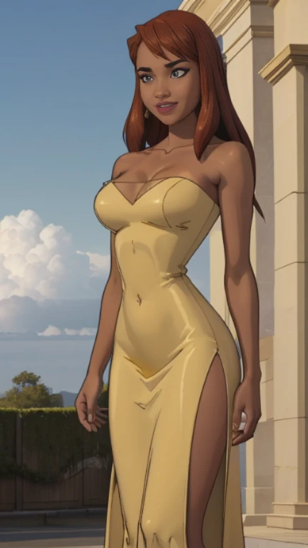Foto hiperrealista en primer plano de Kelsey Asbille (native American ((tanned skin))), masterpiece, best quality, (photorealistic:1.4), full body, (gloss gold gold strapless tube dress maxi maxi pencil tight dress:1.1), bare arms, heels, in the garden, sunny day, cinematic light, beautiful woman, skinny, large big breasts, red long hair, sky blue eyes, detailed face, smile, facing the camera, photo taken from a distance, age of 25 years old, golden shining dress, goden dress, golden heels, shiny hair(gold gloss gold gold strapless tube dress maxi maxi pencil tight dress:1.1), (gold gloss gold gold strapless tube dress maxi maxi pencil tight dress:1.1),