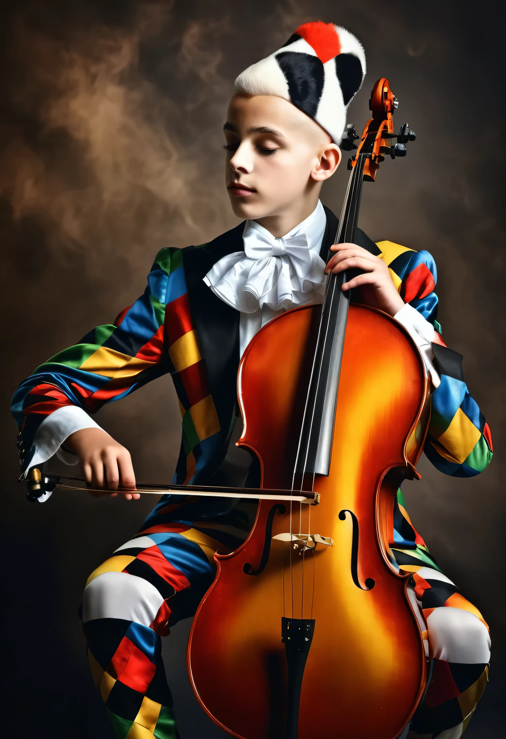 beautiful 14 year old boy in harlequin costume playing cello, competely bald, one stick in hand, smoky background, photorealistic best hdr quality