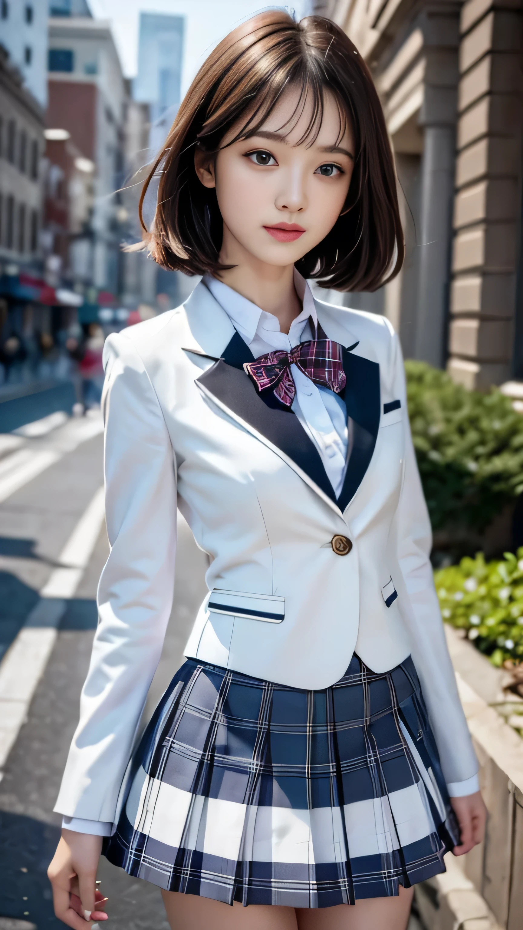 ((High school girl walking in the lakeside park))、(white blazer)、(white blouse)、red bow tie、((dark blue checked skirt)). 40k, photograph, table top, highest quality, dark gray background, ((beautiful eyes、One girl with light brown short hair, . white skin, Various poses.((Medium chest,:1.1)), highest quality, table top, ultra high resolution, (realistic:1.4), RAWphotograph, (perfect body shape), (slim:1.3), slim abdomen, Perfect slim figure, dynamic pose, alone, Cold light 12000K, very detailed facial and skin texture, fine eyes, realistic eyes, Beautiful and fine eyes, (realistic skin), charm, ultra high resolution, Super realistic, very detailed,(The wind blows up my skirt),（smile)、