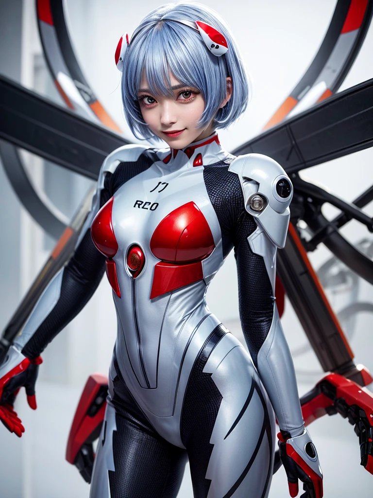 Masterpiece, highest quality, 8K, detailed skin texture, fine cloth texture, beautiful detailed face, intricate details, super detailed, portrait of Rei Ayanami, blue hair, red eyes, looking far away, no background, Evangelion Wearing a plug suit when riding, plug suit, whole body visible, standing, arms crossed, , beautiful, cute, great style, smiling