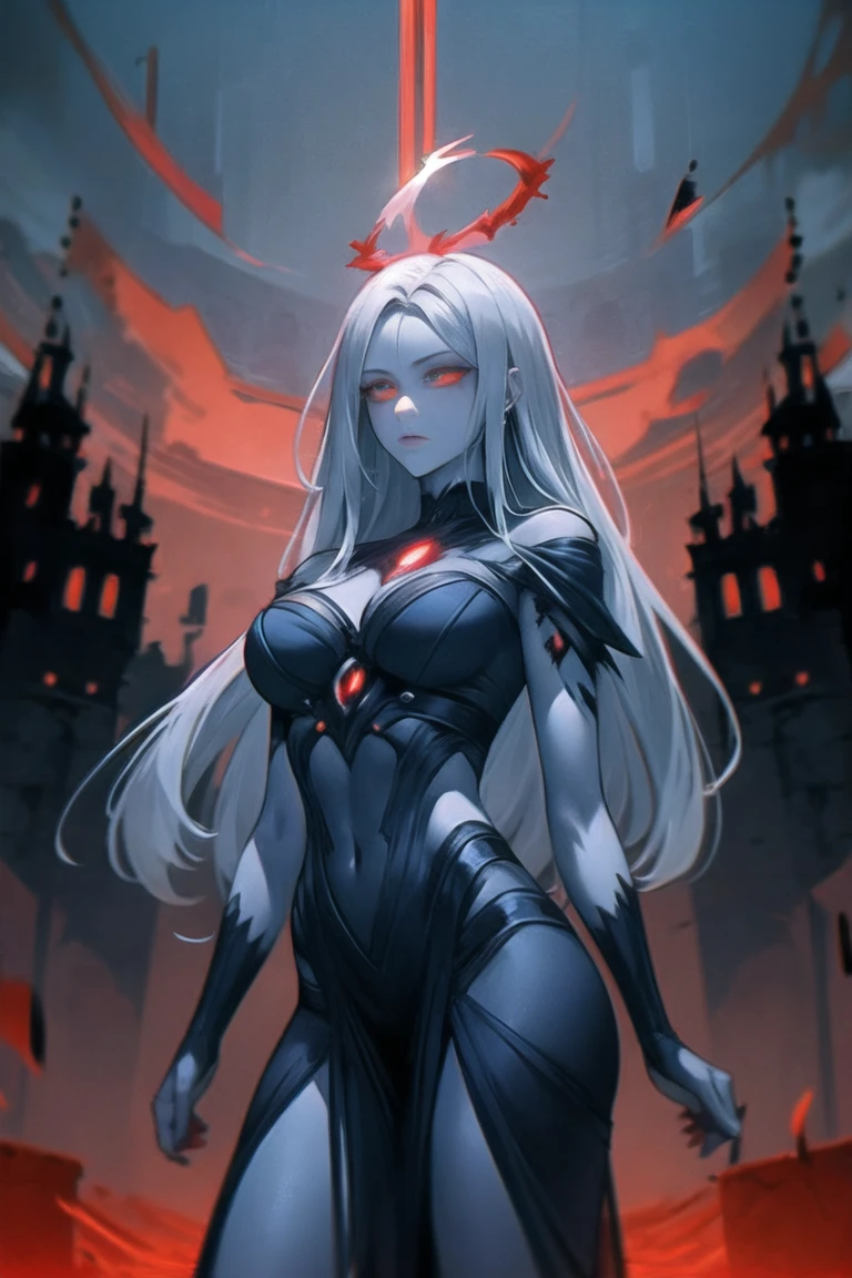 Grey skin, blood halo, Goddess, rare, cursed maiden, goddess armor, beautiful woman, long silver hair, red glowing eyes, grey skin, black wings, castle ruins,