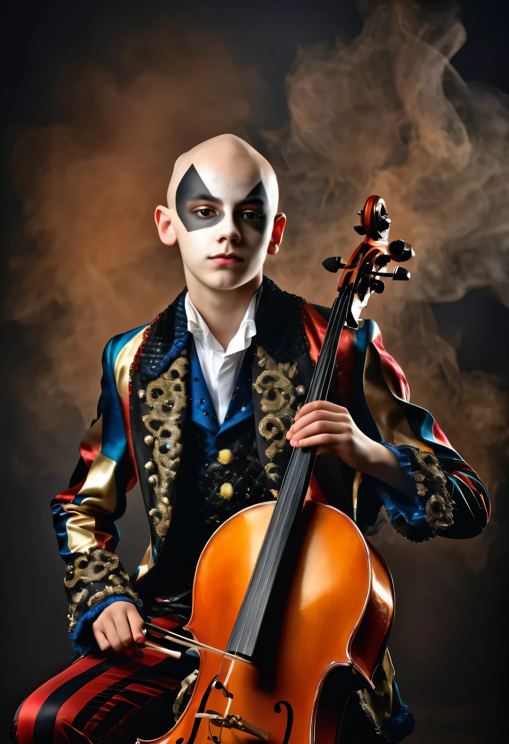 beautiful 14 year old boy in harlequin costume playing cello, competely bald, one stick in hand, smoky background, photorealistic best hdr quality
