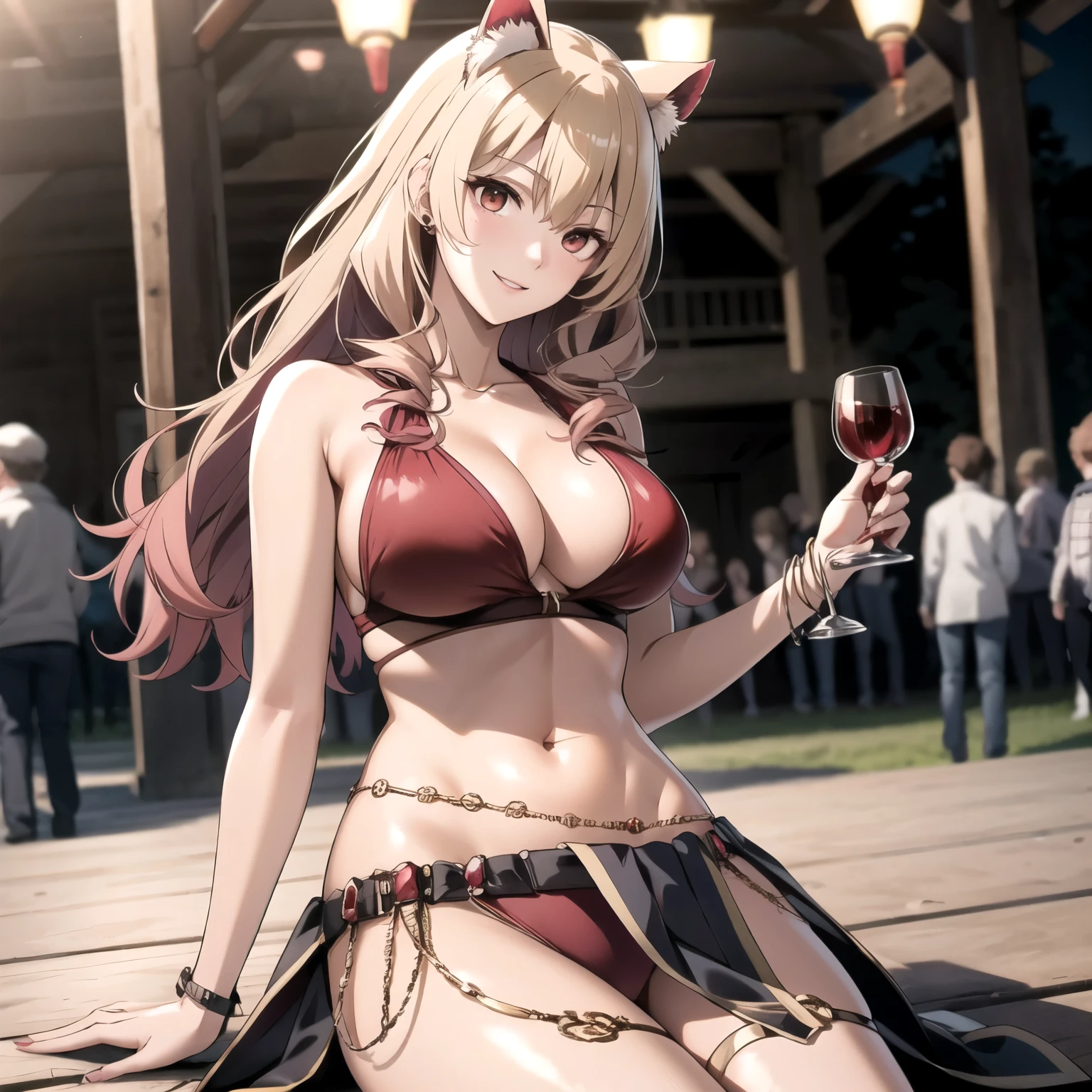 a womanRaphtalia woman 24 years old straight golden blonde hair with red tips, orejas de oso, red eyes like rubies, pale skin. piel clara, sonrisa alegre, esta en un festival musical,