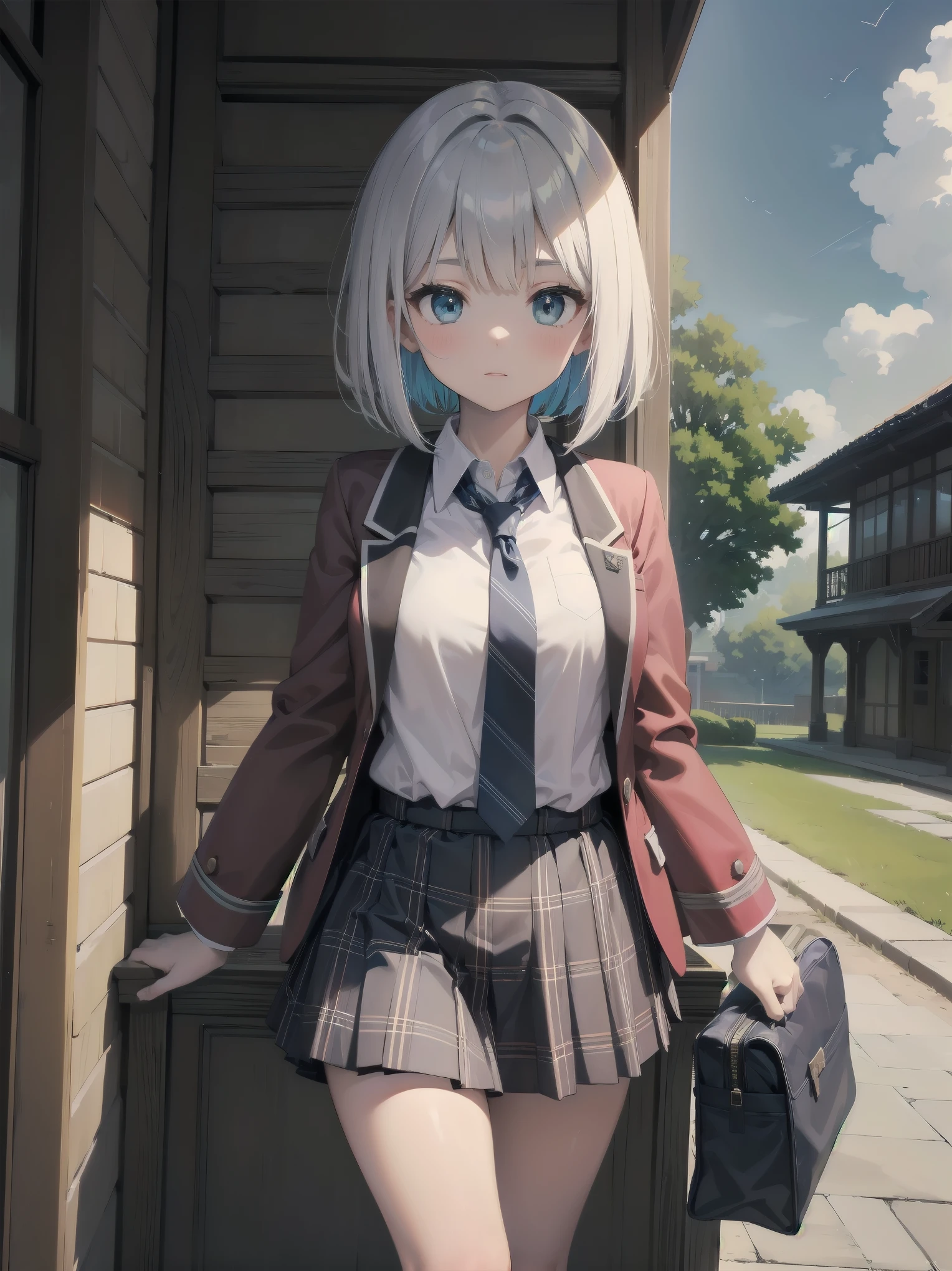 Top-High quality、Highest image quality、masterpiece、High Contrast、Colorful、elegance、Sexy expression、high school girl、beautiful woman、Bob cut braids、uniform、(red blazer)、Ribbon tie、(Green and gray plaid skirt)、(black tightovie-like shadows、fine shading、cute、Truly unbelievably cute absurd、outside、school trip、national treasures、Traditional buildings、blue sky
