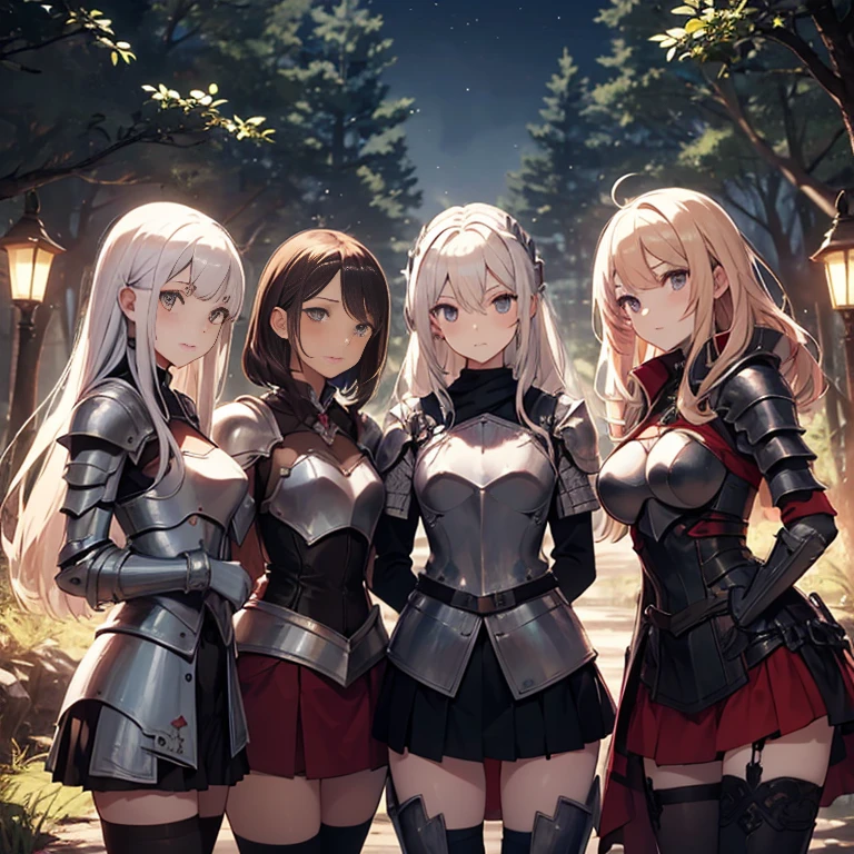 A group of young female knight, (in forest), various hair styles, harem, wearing armored clothes, metal armor, night, details face, , short skirt, seducing, sword,