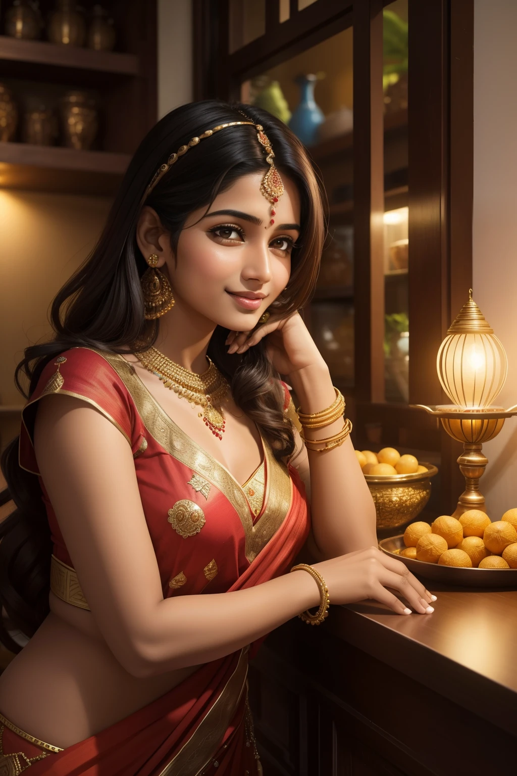 In the heart of a vibrant Indian neighborhood, a 22-year-old woman named Meena, with radiant brown eyes and a captivating smile, lovingly tends to her litchi shop. Adorned in traditional Indian attire, she exudes warmth and hospitality as she hands a juicy, ripe litchi to an eager young boy. The scene is beautifully captured in ultra HD realistic art, with every detail meticulously rendered. The texture of Meena's saree, the intricate patterns of her jewelry, and the boy's excited expression. The ambiance of her cozy home, with its warm, inviting lighting and the enticing smell of fresh litch
