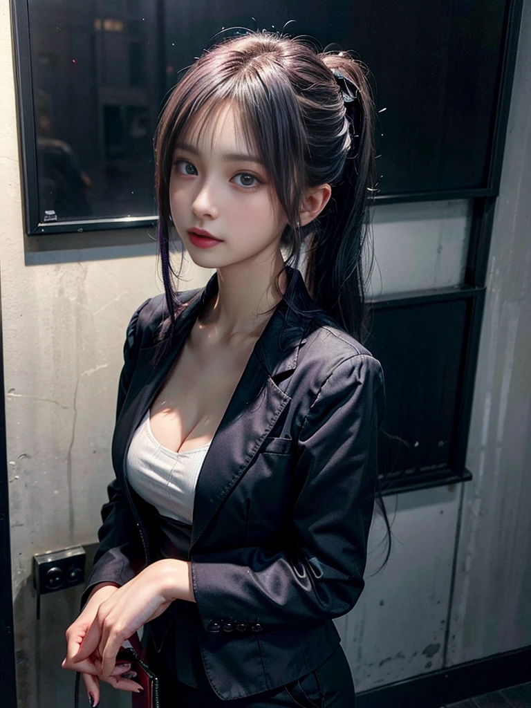 Beautiful woman, 25 years old, high ponytail, bright purple hair (like bright silver), perfect purple hair, Beautiful breasts, (Realistic skin),elegant upper class wearing a black pantsuit, black jacket, white shirt, cleavage visible, black pumps, and a business shirt. Elite secretary, working in the office, wearing a strict business suit, pantsuit style, wearing luxury high heels, girl wearing a shirt, wearing a business suit, wearing a business suit, black nail art, business Wearing a suit, Businessman, Business clothes, Wearing a black business suit, Wearing a white shirt and black jacket, Woman in a business suit, Business suit, Business attire, Raw photo, (8K, highest quality, Masterpiece: 1.2), (Complex Detail: 1.4), (Photoreal: 1.4), Octane Rendering, Complex 3D Rendering Super Detail, Studio Soft Light, Rim Light, Vibrant Detail, Super Detail, Realistic Skin texture, surface details, beautifully detailed eyes, highly detailed CG Unity 16k wallpaper, supplement, (detailed background:1.2),pony tail
