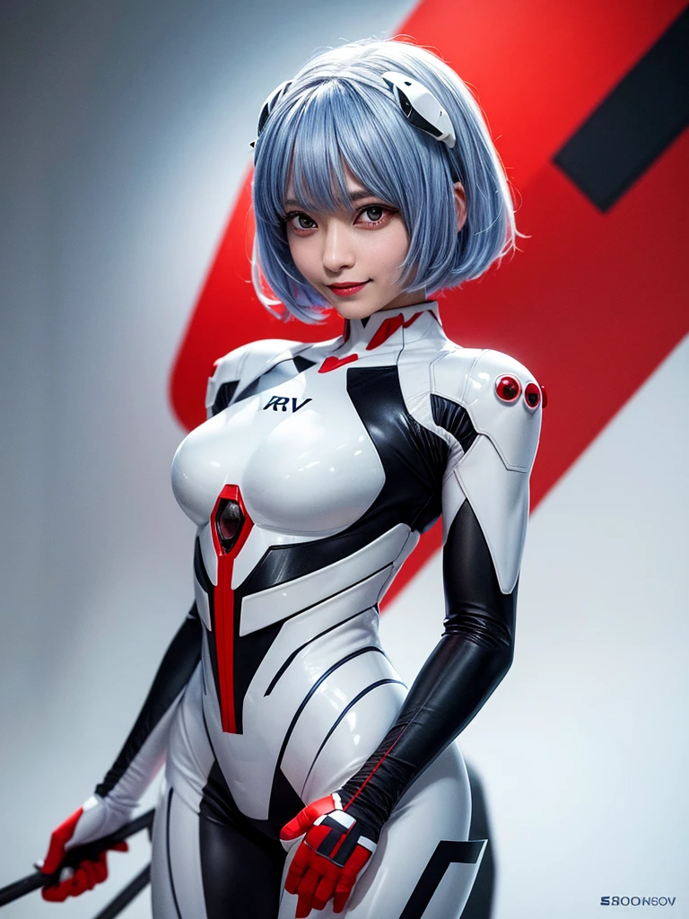 Masterpiece, highest quality, 8K, detailed skin texture, fine cloth texture, beautiful detailed face, intricate details, super detailed, portrait of Rei Ayanami, blue hair, red eyes, looking far away, no background, Evangelion Wearing a plug suit when riding, plug suit, whole body visible, standing, arms crossed, 15 years old, beautiful, cute, great style, smiling