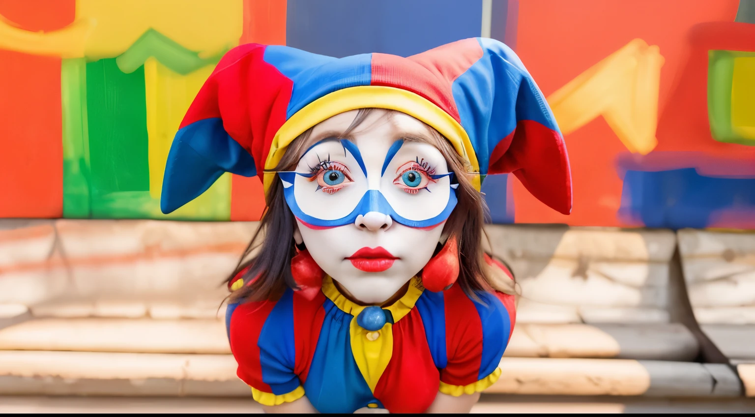 girl, jester, big eyes, red and blue hat with yellow edge, red and blue clothe