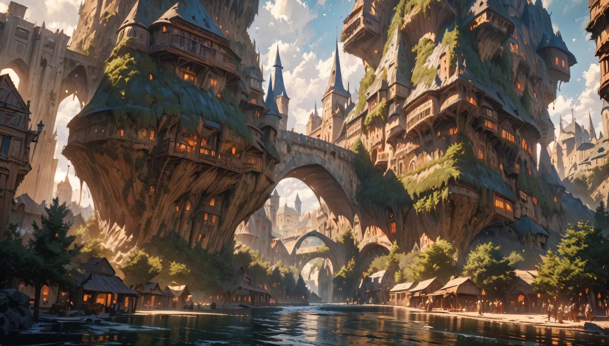 A huge square with huge water cubes suspended in the air, a huge medieval western magical city in the background, surrounded by tall European buildings, a huge tree in the very far distance, best quality, beautiful images, extreme detail, masterpiece, cinematic light, masterful, impasto