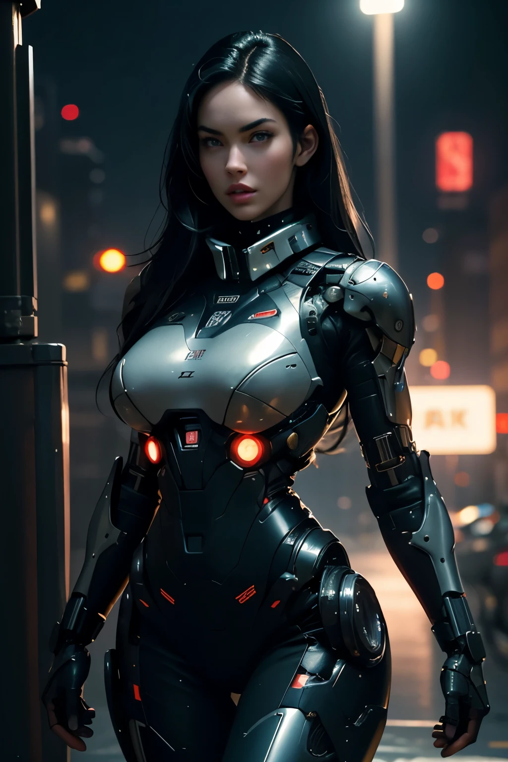 Megan Fox,black hair,wear a dress ((Hi-tech military uniform)) ,she wears a collar,((cybernetic body)),In the future world,amazing night,sci fi,city at night, realistic skin, incredible light, ultra realistic,complicated, Sharp focus, Ray Tracing, rtx, Professional photography, Masterpiece, very detailed, High quality, best quality, big breasts,She breast size is M cup, full body, she very sexy, she have perfect body, she so beautifully,She have good eyes,She is full of charm,close up,