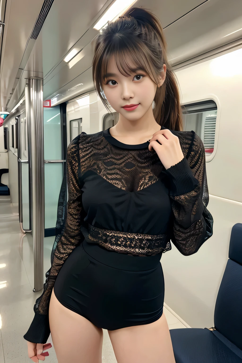 wide angle:1.5, zoomed out:1.5,Tight pink long sleeve shirt:1.7, black lace panties:1.6, young Korean woman, perfect figure, Top Quality,extremely highly detailed,​masterpiece,realisitic,Photo real,bright lighting,1 girl in, Very beautiful 17-year-old girl, (kawaii:1.2),faint smile, (Brown eyes),(light brown hair),(bangs),perfect shiny skin,Flawless skin, full body shot, full portrait, pony tail hair, cute pose, big breasts, in a train