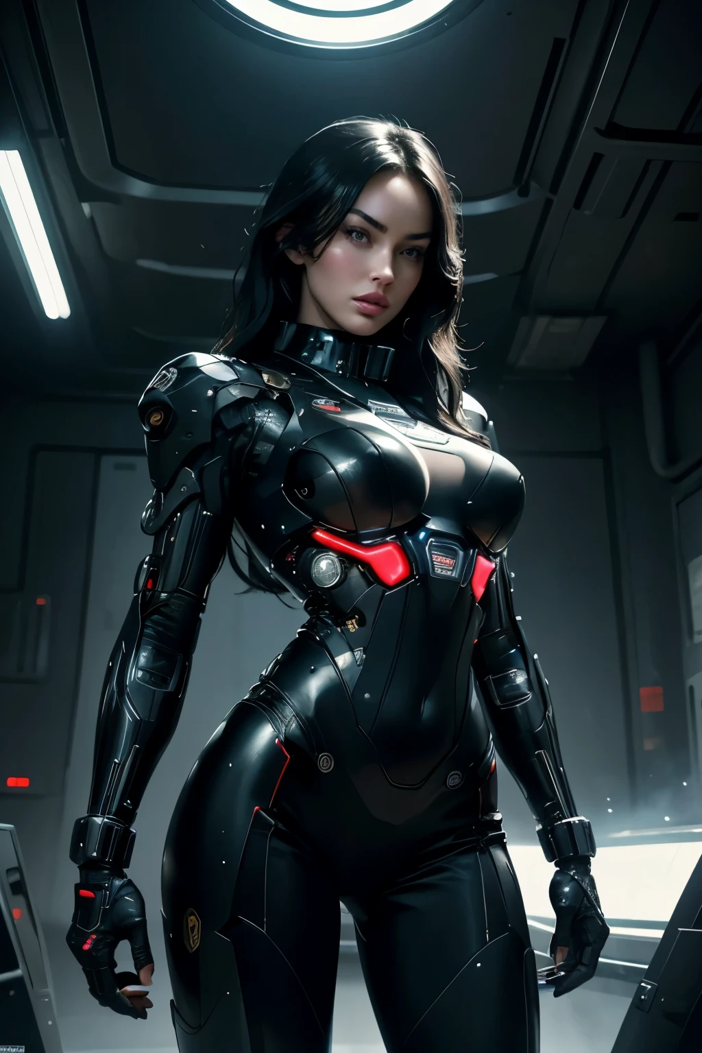 Megan Fox,black hair,wear a dress ((Hi-tech military uniform)) ,she wears a collar,((cybernetic body)),In the future world,amazing night,sci fi,city at night, realistic skin, incredible light, ultra realistic,complicated, Sharp focus, Ray Tracing, rtx, Professional photography, Masterpiece, very detailed, High quality, best quality, big breasts,She breast size is M cup, full body, she very sexy, she have perfect body, she so beautifully,She have good eyes,She is full of charm,close up,