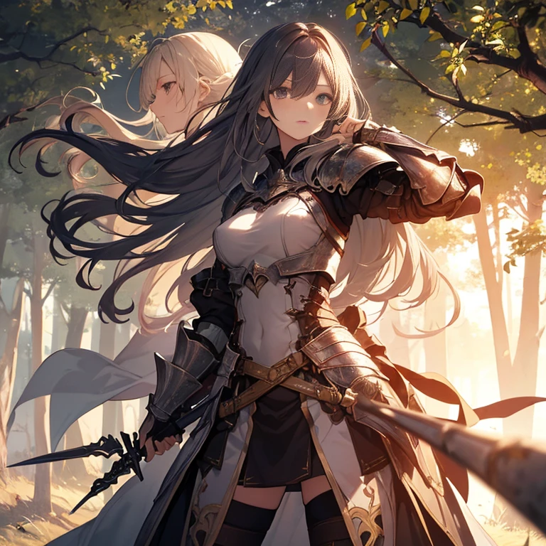 A group of young female knight, (in forest), various hair styles, harem, wearing armored clothes, metal armor, night, details face, , short skirt, seducing, sword,