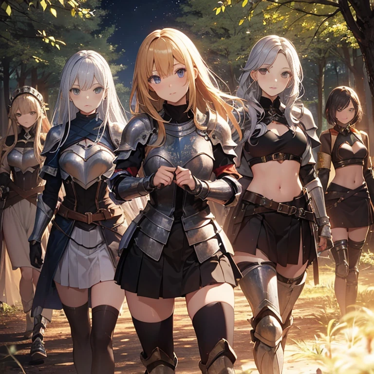 A group of young female knight, (in forest), various hair styles, harem, wearing armored clothes, metal armor, night, details face, , short skirt, seducing, sword,