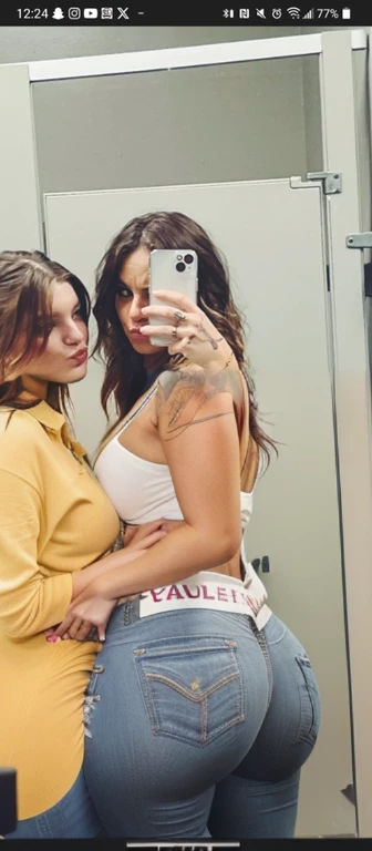 two women taking a selfie in a mirror in a bathroom, bella thorne and megan fox, high quality upload, snapchat photo, mirror selfie, beautiful girls, posing!!, profile image, lana del rey and zoë kravitz, 💋 💄 👠 👗, profile picture, selfie photo, profile pic, two models in the frame, beautiful women, mirror selfie, beautiful girl, big ass, huge ass, bbw, from behind, thick, thick thighs, wide hips, bbw, big , sideboob, giant ass, back view, big butt, round butt, tight underwear, underwear halfway off, underwear taking off, grabbing ass, ass spilling over underwear, too thick for clothes, looking left, leftwards


