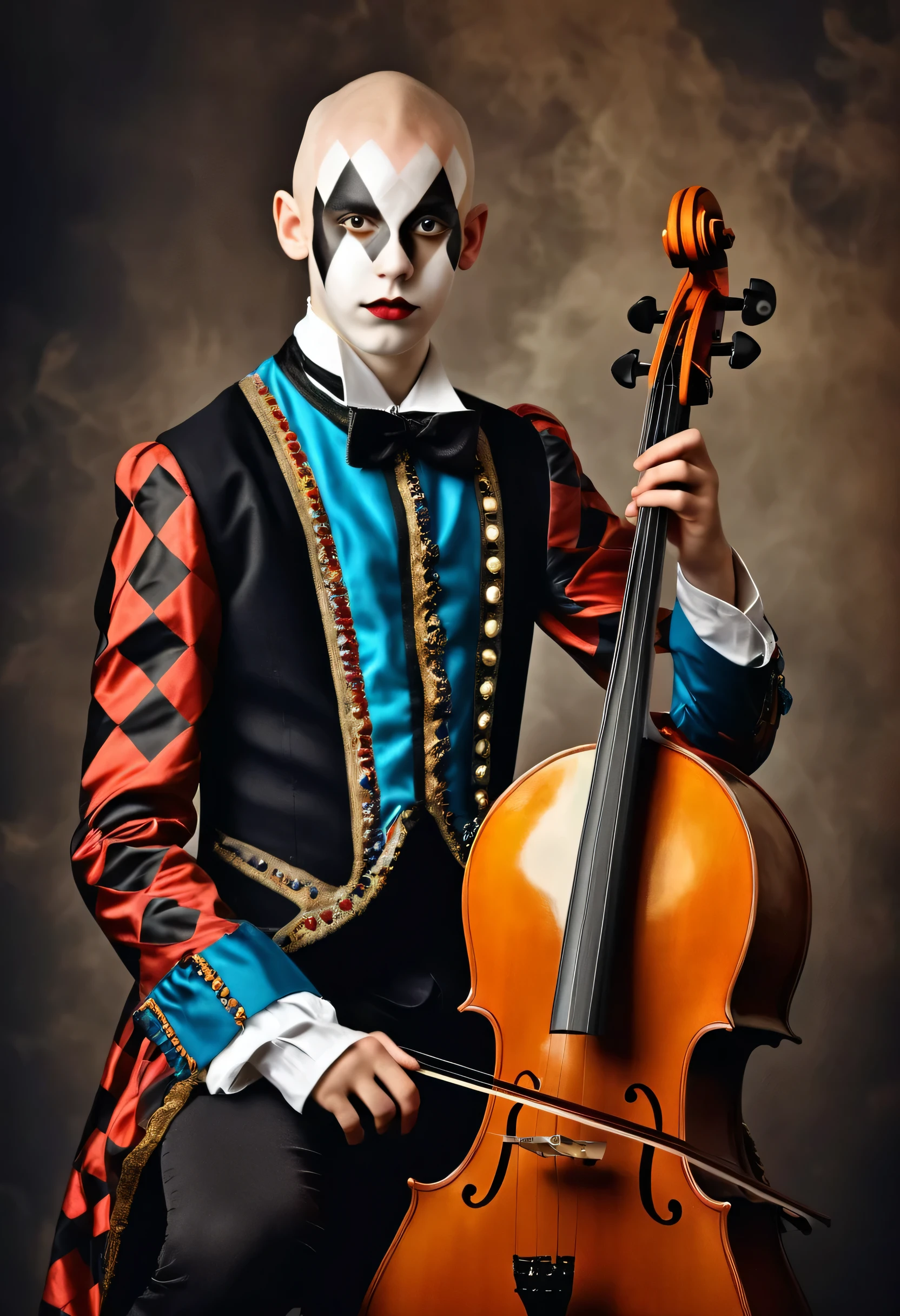 beautiful  boy in harlequin costume playing cello, competely bald, one stick in hand, smoky background, photorealistic best hdr quality