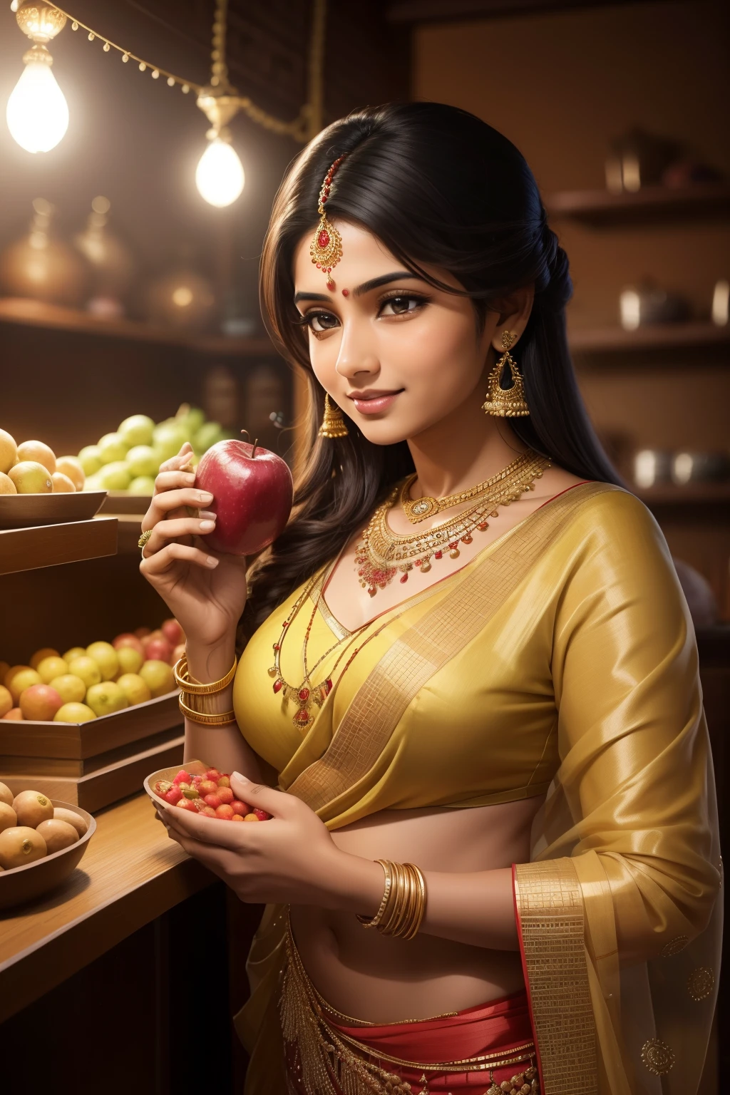In the heart of a vibrant Indian neighborhood, a 22-year-old woman named Meena, with radiant brown eyes and a captivating smile, lovingly tends to her litchi shop. Adorned in traditional Indian attire, she exudes warmth and hospitality as she hands a juicy, ripe litchi to an eager young boy. The scene is beautifully captured in ultra HD realistic art, with every detail meticulously rendered. The texture of Meena's saree, the intricate patterns of her jewelry, and the boy's excited expression. The ambiance of her cozy home, with its warm, inviting lighting and the enticing smell of fresh litch