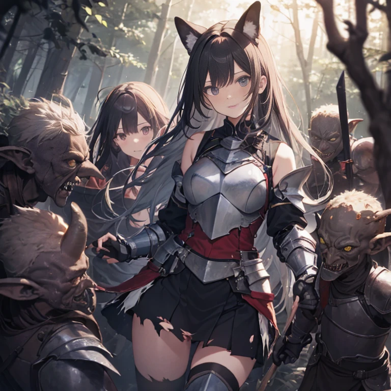 A female knight, (in forest), wearing armored clothes, metal armor, night, details face, , short skirt, surrounded by goblins, various weapons, torn clothes, armpits 