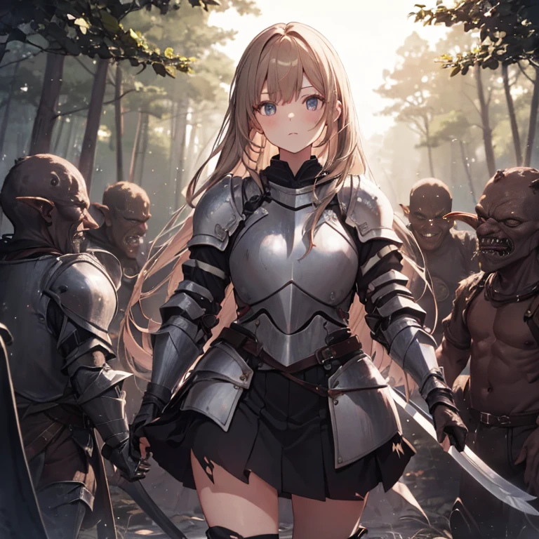 A female knight, (in forest), wearing armored clothes, metal armor, night, details face, , short skirt, surrounded by goblins, various weapons, torn clothes, armpits 