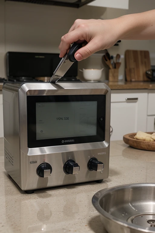 elegant kitchen device with a modern and minimalist design. Could have an intuitive touch screen on the front to select functions and recipes, with physical buttons to adjust specific settings. The body of the device would be made of high quality stainless steel to ensure durability and easy cleaning. Besides, could have removable compartments for easy maintenance and storage
