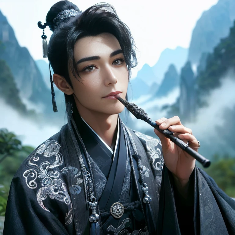 (Best Quality:1.2), (high resolution:1.2), (beautiful face and eye:1.2), (sharpest focus:1.2), (Ultra-realistic Photo:1.2), (Ultra-precise Photo:1.2), (Depth of field:1.2), (8k high resolution:1.2), (perfect anatomy:1.2), (nice hands:1.5),
(perfect hands:1.5), (Very young and masculine and dignified and beautiful Chinese male:1.5), (Beautiful nobleman:1.0), (A beautiful nobleman:1.0), (A shiny black hermit-like garment with fancy embroidery:1.0), (A gentle smile:1.3),
(Playing an iron flute:1.5), (A secluded hermit-like place deep in the mountains of China:1.0), (A mysterious fairyland:1.2), (Birds and animals gathered to listen to the sound of the flute:1.3), (Looking up angle:1.0),