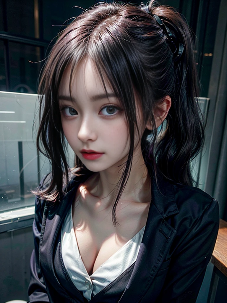 Beautiful woman, 25 years old, high ponytail, bright purple hair, perfect purple hair, Beautiful breasts, (Realistic skin),elegant upper class wearing a black pantsuit, black jacket, white shirt, cleavage visible, black pumps, and a business shirt. Elite secretary, working in the office, wearing a strict business suit, pantsuit style, wearing luxury high heels, girl wearing a shirt, wearing a business suit, wearing a business suit, black nail art, business Wearing a suit, Businessman, Business clothes, Wearing a black business suit, Wearing a white shirt and black jacket, Woman in a business suit, Business suit, Business attire, Raw photo, (8K, highest quality, Masterpiece: 1.2), (Complex Detail: 1.4), (Photoreal: 1.4), Octane Rendering, Complex 3D Rendering Super Detail, Studio Soft Light, Rim Light, Vibrant Detail, Super Detail, Realistic Skin texture, surface details, beautifully detailed eyes, highly detailed CG Unity 16k wallpaper, supplement, (detailed background:1.2),pony tail