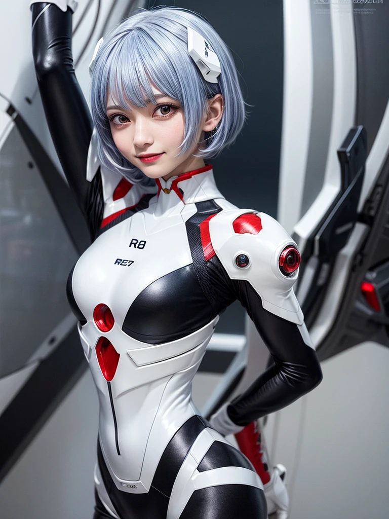 Masterpiece, highest quality, 8K, detailed skin texture, fine cloth texture, beautiful detailed face, intricate details, super detailed, portrait of Rei Ayanami, blue hair, red eyes, looking far away, no background, Evangelion Wearing a plug suit when riding, plug suit, whole body visible, standing, arms crossed, 15 years old, beautiful, cute, great style, smiling