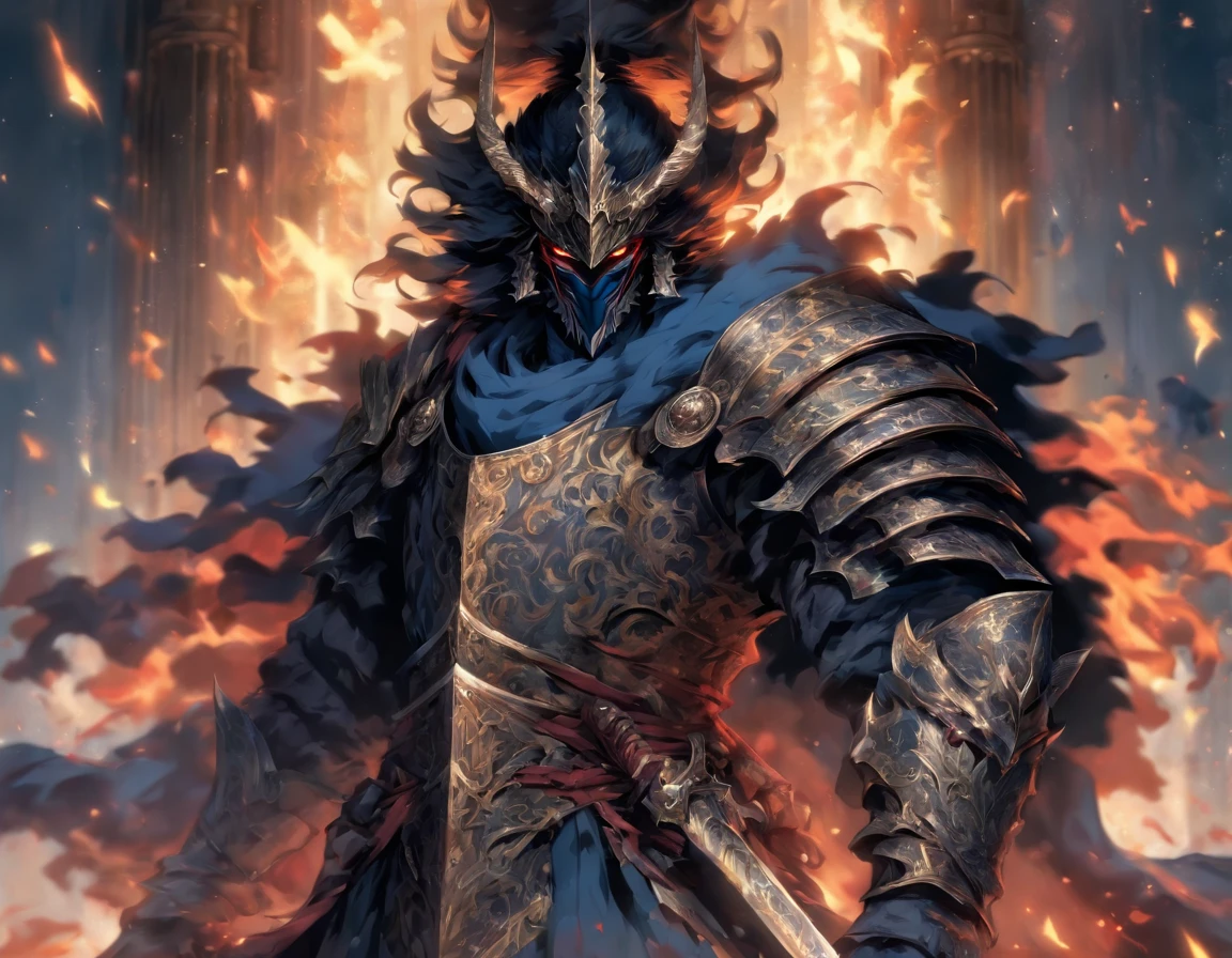 middle-aged man, of painting style, high resolution, black hair, Half demon body, half demon face, European knights, Exquisite three-dimensional blue flame devil face, Bearded, wearing a hat, Expressions of anger, perfect body proportions, joke, black and white robe, A knight's long sword hangs on his waist, Handsome, full body view, stand up, (White background:1.3), noble, In his hand he held a long, wide and heavy sword, facing the camera, (full body armor:0.8), high detail, masterpiece, precise, anatomically correct, textured skin