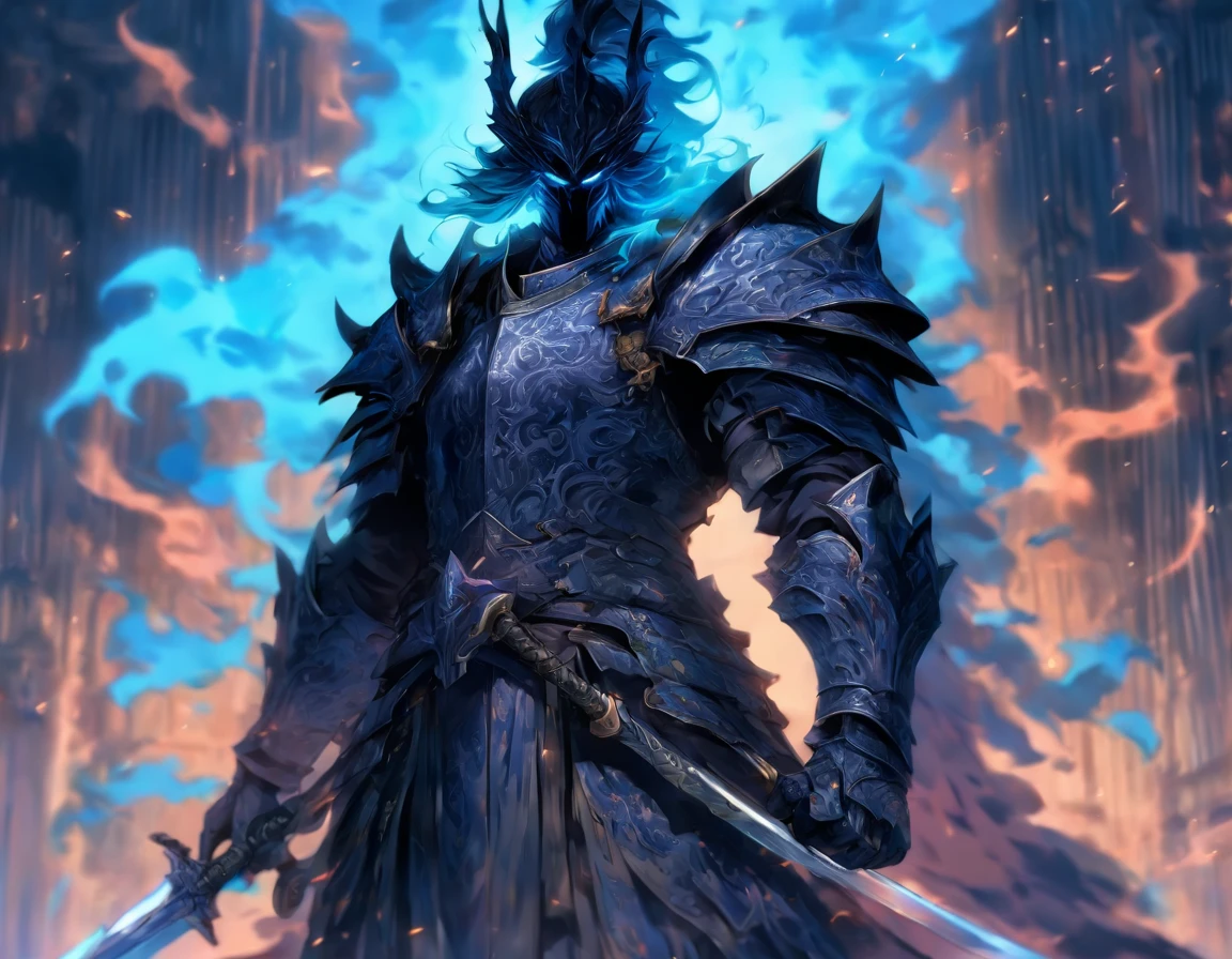 middle-aged man, of painting style, high resolution, black hair, Half demon body, half demon face, European knights, Exquisite three-dimensional blue flame devil face, Bearded, wearing a hat, Expressions of anger, perfect body proportions, joke, black and white robe, A knight's long sword hangs on his waist, Handsome, full body view, stand up, (White background:1.3), noble, In his hand he held a long, wide and heavy sword, facing the camera, (full body armor:0.8), high detail, masterpiece, precise, anatomically correct, textured skin