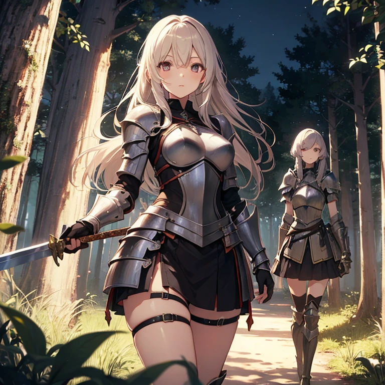 A group of female knight, (in forest), various hair styles, harem, wearing armored clothes, metal armor, night, details face, , short skirt, seducing, sword,