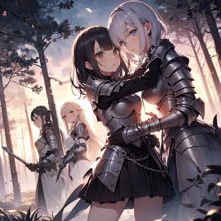 Sisters Height difference female knight armor Black Hair tiara Shortcuts sword Torn white skirt Torn white tights White panties Crying face battlefield In combat