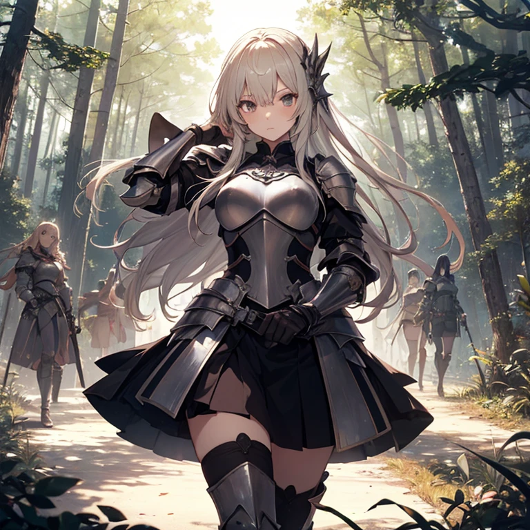 A group of female knight, (in forest), various hair styles, harem, wearing armored clothes, metal armor, night, details face, , short skirt, seducing, sword,