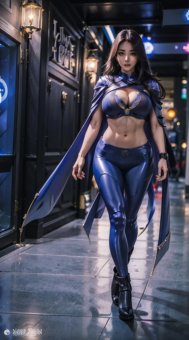 1GIRL, SOLO, (DRAGON HORN), (HUGE FAKE BOOBS:1.5), (BLUE, PURPLE), (SKINTIGHT FUTURISTIC CROP TOP, ROYAL CLOAK, CLEAVAGE:1.5), (SKINTIGHT YOGA PANTS, GUARD MECHA BOOTS:1.2), (SEXY BODY, LINE ABS, LONG LEGS, FULL BODY VIEW:1.5), (LOOKING AT VIEWER), (WALKING DOWN STREET CYBER NIGHT CITY:1.2), ULTRA HIGHT DEFINITION, 8K, 1080P.