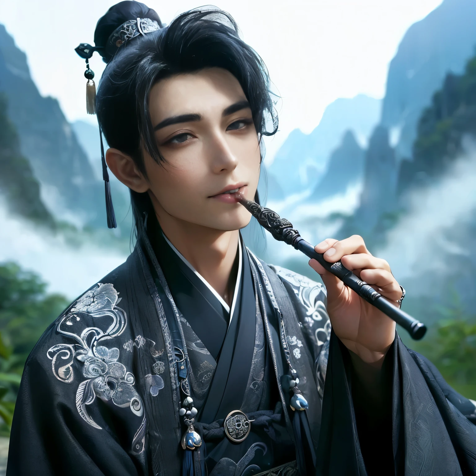 (Best Quality:1.2), (high resolution:1.2), (beautiful face and eye:1.2), (sharpest focus:1.2), (Ultra-realistic Photo:1.2), (Ultra-precise Photo:1.2), (Depth of field:1.2), (8k high resolution:1.2), (perfect anatomy:1.2), (nice hands:1.5),
(perfect hands:1.5), (Very young and masculine and dignified and beautiful Chinese male:1.5), (Beautiful nobleman:1.0), (A beautiful nobleman:1.0), (A shiny black hermit-like garment with fancy embroidery:1.0), (A gentle smile:1.3),
(Playing an iron flute:1.5), (A secluded hermit-like place deep in the mountains of China:1.0), (A mysterious fairyland:1.2), (Birds and animals gathered to listen to the sound of the flute:1.3), (Looking up angle:1.0),