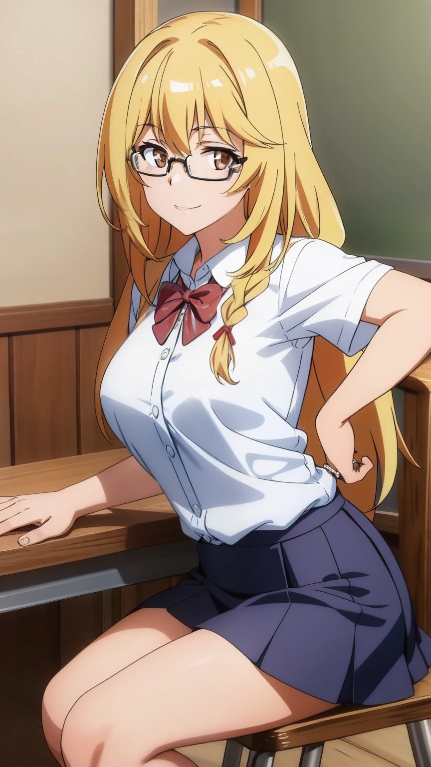 (Top Quality, High Resolution, 8K, Masterpiece: 1.2), Super Detailed, Anime Art Style, Misao Shokuhou, Smile, Blonde, Large and Medium Breasts, Braids, White Shirt, Navy Mini Skirt, Glasses, Classroom, Looking at the camera, stylish poses, stylish angles, the camera focuses on the center of the image,