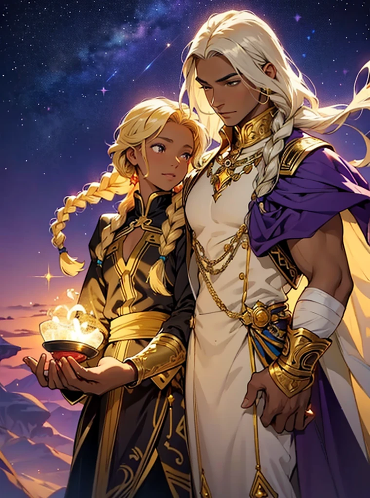 African woman wear spainish purple dress like a princess. She have beautiful long braid hair and brown skin. Star-man wear black and glittery golden clothes with cape like a prince. He have glow white and yellow short hair. His sand-color skin. He hold her hand by his hand. He is flying.