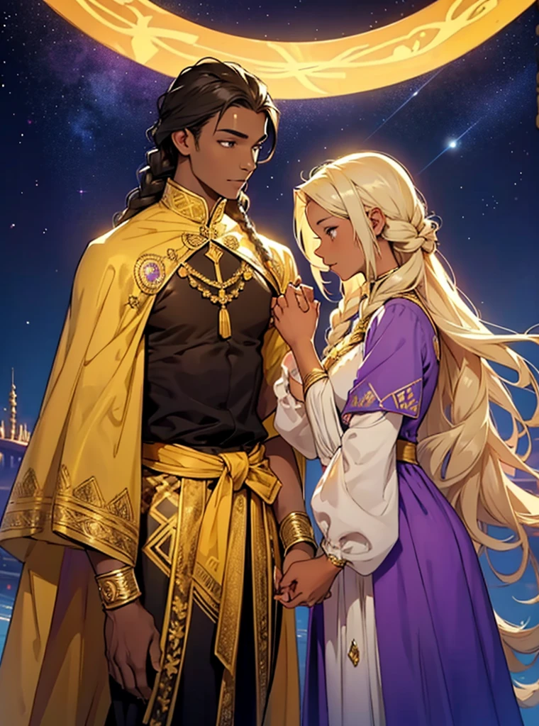 African woman wear spainish purple dress like a princess. She have beautiful long braid hair and brown skin. Star-man wear black and glittery golden clothes with cape like a prince. He have glow white and yellow short hair. His sand-color skin. He hold her hand by his hand. He is flying.
