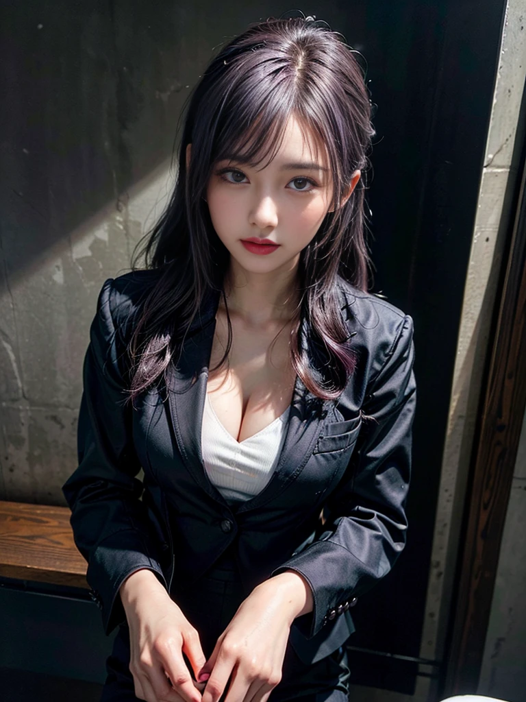 Beautiful woman, 25 years old, high ponytail, bright purple hair, perfect purple hair, Beautiful breasts, (Realistic skin),elegant upper class wearing a black pantsuit, black jacket, white shirt, cleavage visible, black pumps, and a business shirt. Elite secretary, working in the office, wearing a strict business suit, pantsuit style, wearing luxury high heels, girl wearing a shirt, wearing a business suit, wearing a business suit, black nail art, business Wearing a suit, Businessman, Business clothes, Wearing a black business suit, Wearing a white shirt and black jacket, Woman in a business suit, Business suit, Business attire, Raw photo, (8K, highest quality, Masterpiece: 1.2), (Complex Detail: 1.4), (Photoreal: 1.4), Octane Rendering, Complex 3D Rendering Super Detail, Studio Soft Light, Rim Light, Vibrant Detail, Super Detail, Realistic Skin texture, surface details, beautifully detailed eyes, highly detailed CG Unity 16k wallpaper, supplement, (detailed background:1.2),pony tail