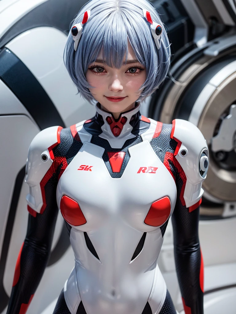 Masterpiece, highest quality, 8K, detailed skin texture, fine cloth texture, beautiful detailed face, intricate details, super detailed, portrait of Rei Ayanami, blue hair, red eyes, looking far away, no background, Evangelion Wearing a plug suit when riding, plug suit, whole body visible, standing, arms crossed, 15 years old, beautiful, cute, great style, smiling