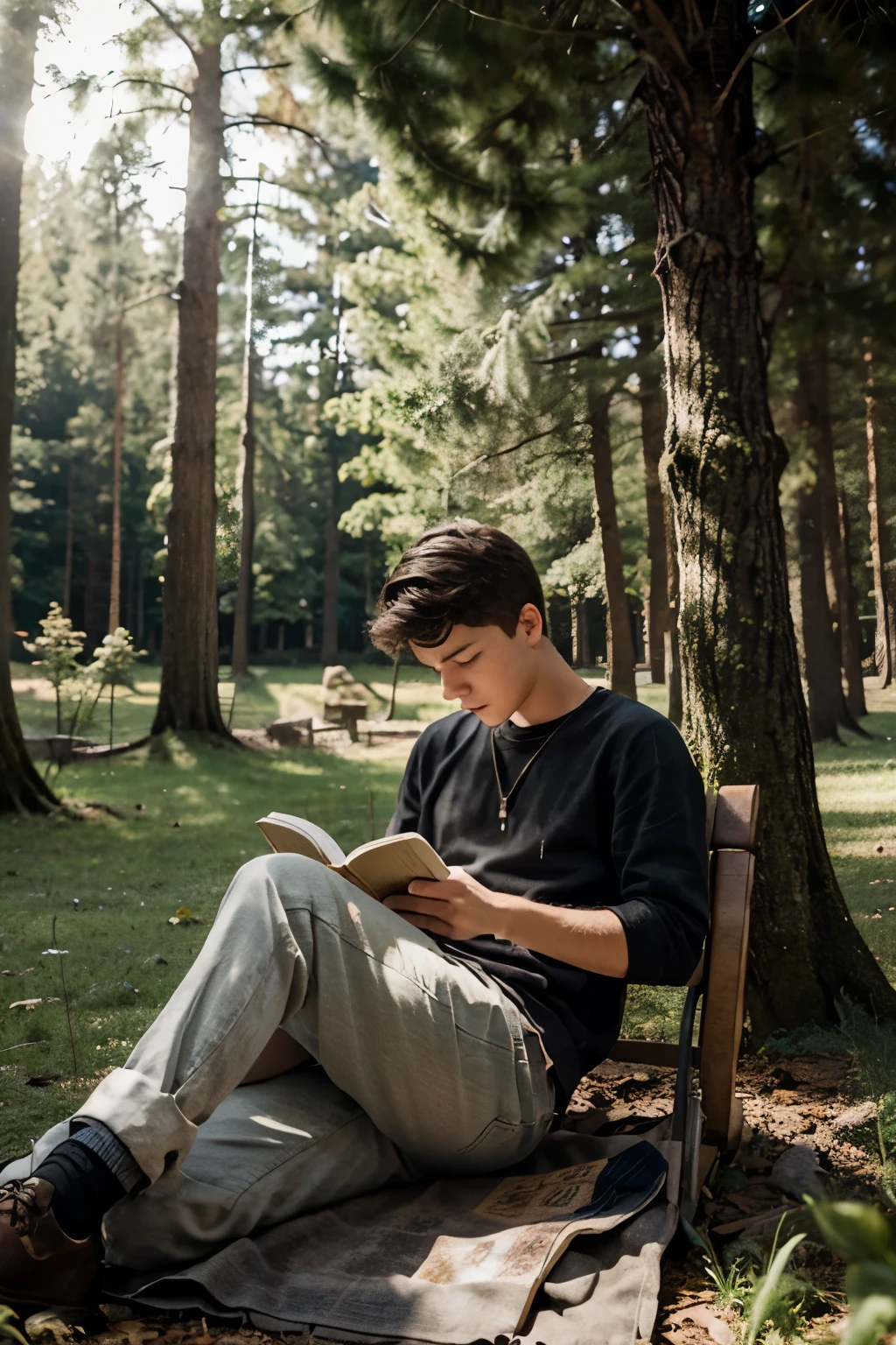 Make me an image of a boy of about 17 years old reading a book and in the background a forest with a castle 