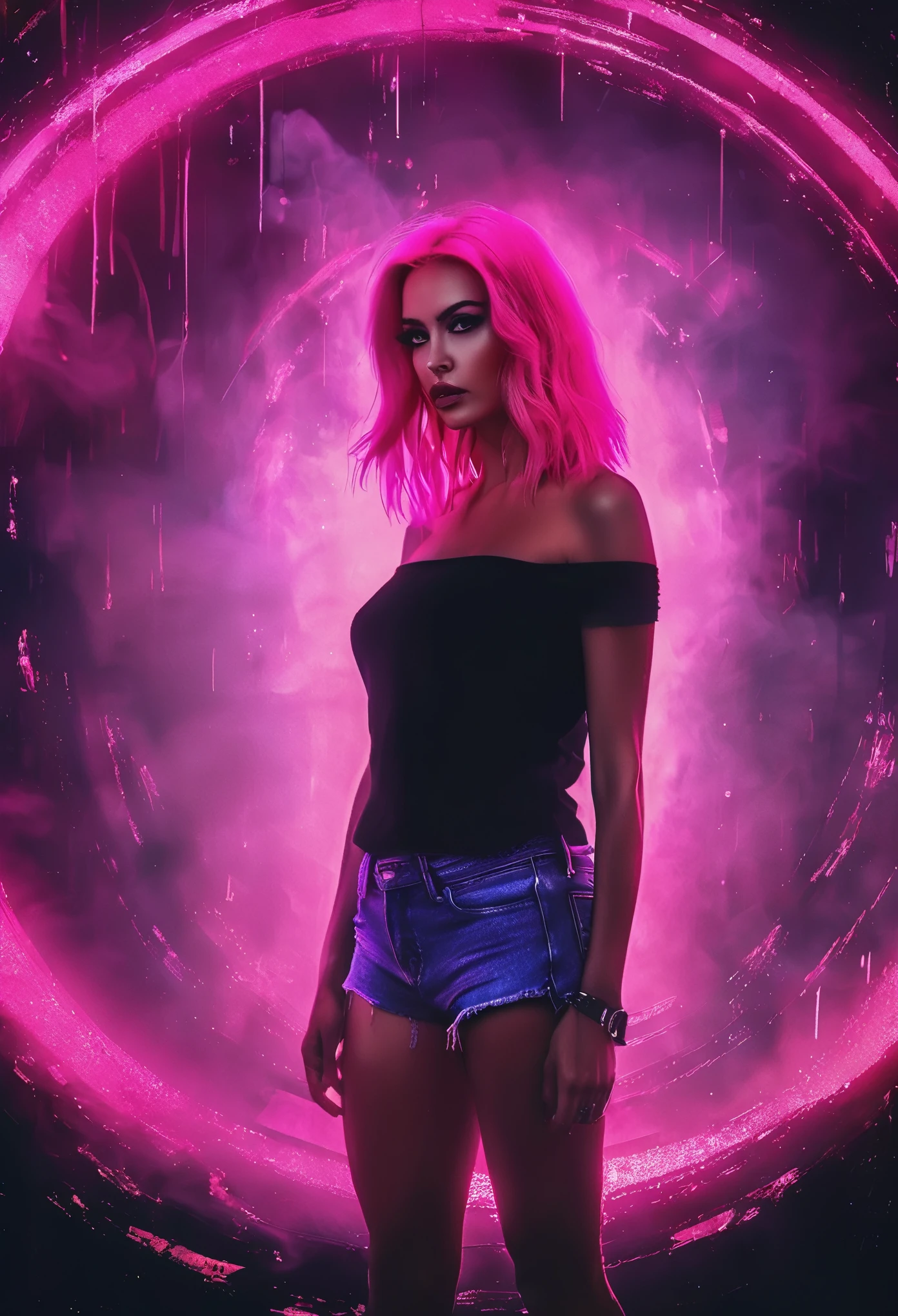 (Oil painting style combined with comic style:1.8),(Portrait of a mysterious giant eye),indoor,Fluorescent illumination,(Darkness shrouded,Wall background,black background,silhouette,shadow,extreme darkness:2.0),Minimalist graffiti style background,Fluorescent pink eye graffiti,Dark atmosphere,cowboy shot,1girl,Oversized black T-shirt,Medium Breast,Waistless T-shirt,Underboob,blurred background,Blurred foreground,Pink fluorescent hair,Fluorescent pink eyes,Bare shoulder,Raise your hand and touch your head,Kneel on the ground,long hair,Messy hair,Low rise denim shorts,Over-the-knee boots,pink eye shadow,Eye of destruction,Poker face,