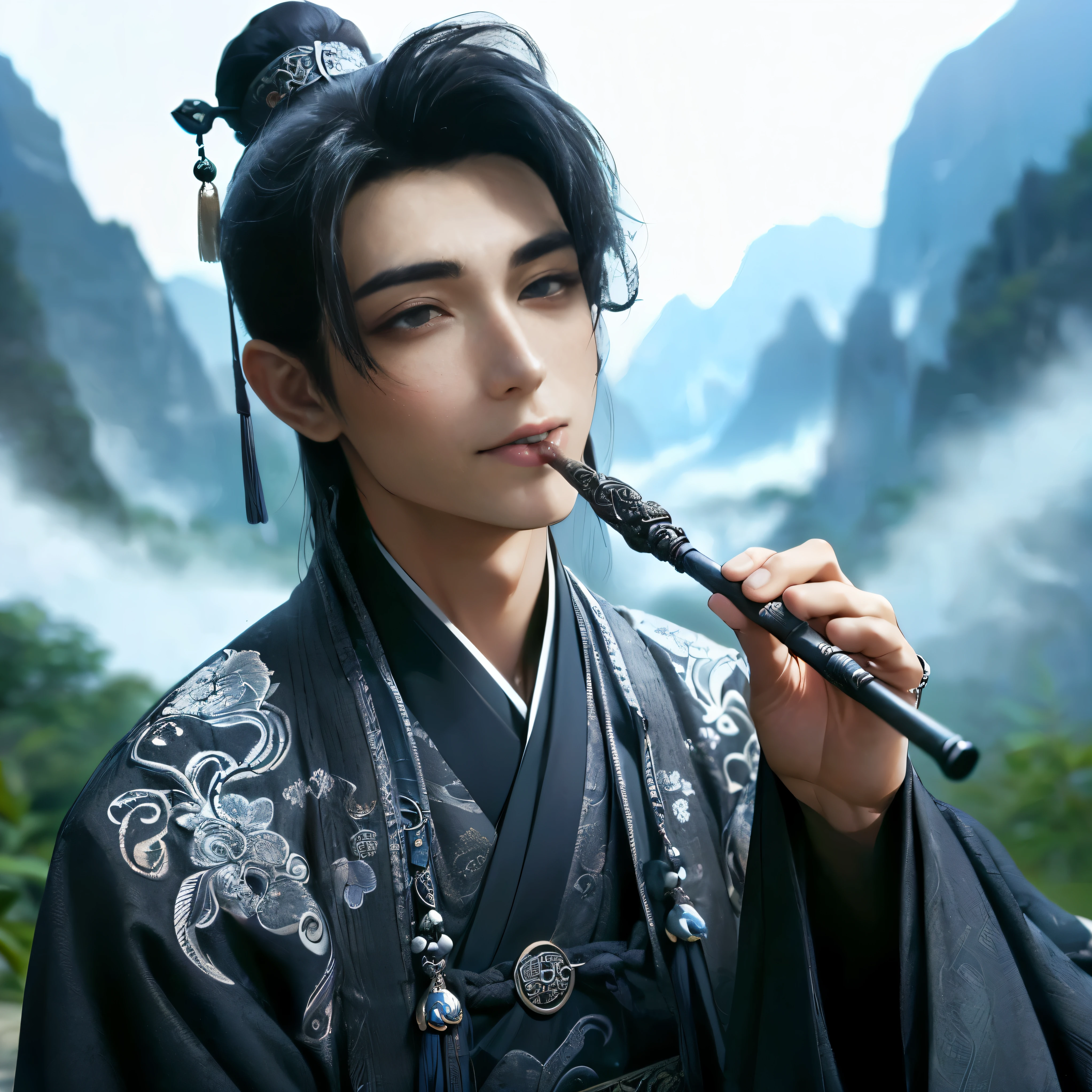 (Best Quality:1.2), (high resolution:1.2), (beautiful face and eye:1.2), (sharpest focus:1.2), (Ultra-realistic Photo:1.2), (Ultra-precise Photo:1.2), (Depth of field:1.2), (8k high resolution:1.2), (perfect anatomy:1.2), (nice hands:1.5),
(perfect hands:1.5), (Very young and masculine and dignified and beautiful Chinese male:1.5), (Beautiful nobleman:1.0), (A beautiful nobleman:1.0), (A shiny black hermit-like garment with fancy embroidery:1.0), (A gentle smile:1.3),
(Playing an iron flute:1.5), (A secluded hermit-like place deep in the mountains of China:1.0), (A mysterious fairyland:1.2), (Birds and animals gathered to listen to the sound of the flute:1.3), (Looking up angle:1.0),